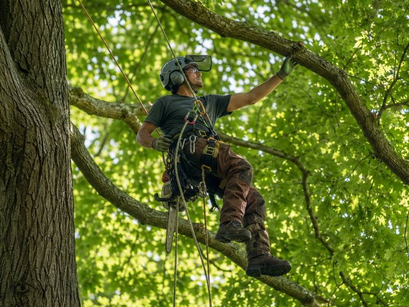 Climber moving out along a limb inside a dense summer canopy