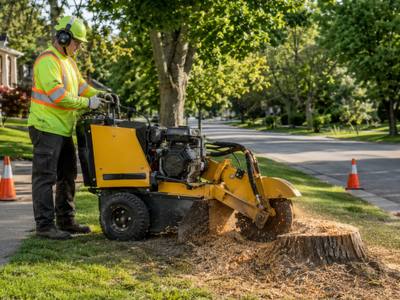 Grinder working a street-tree stump behind traffic cones
