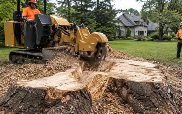 Ground-out stump face on an open lawn with the grinder alongside